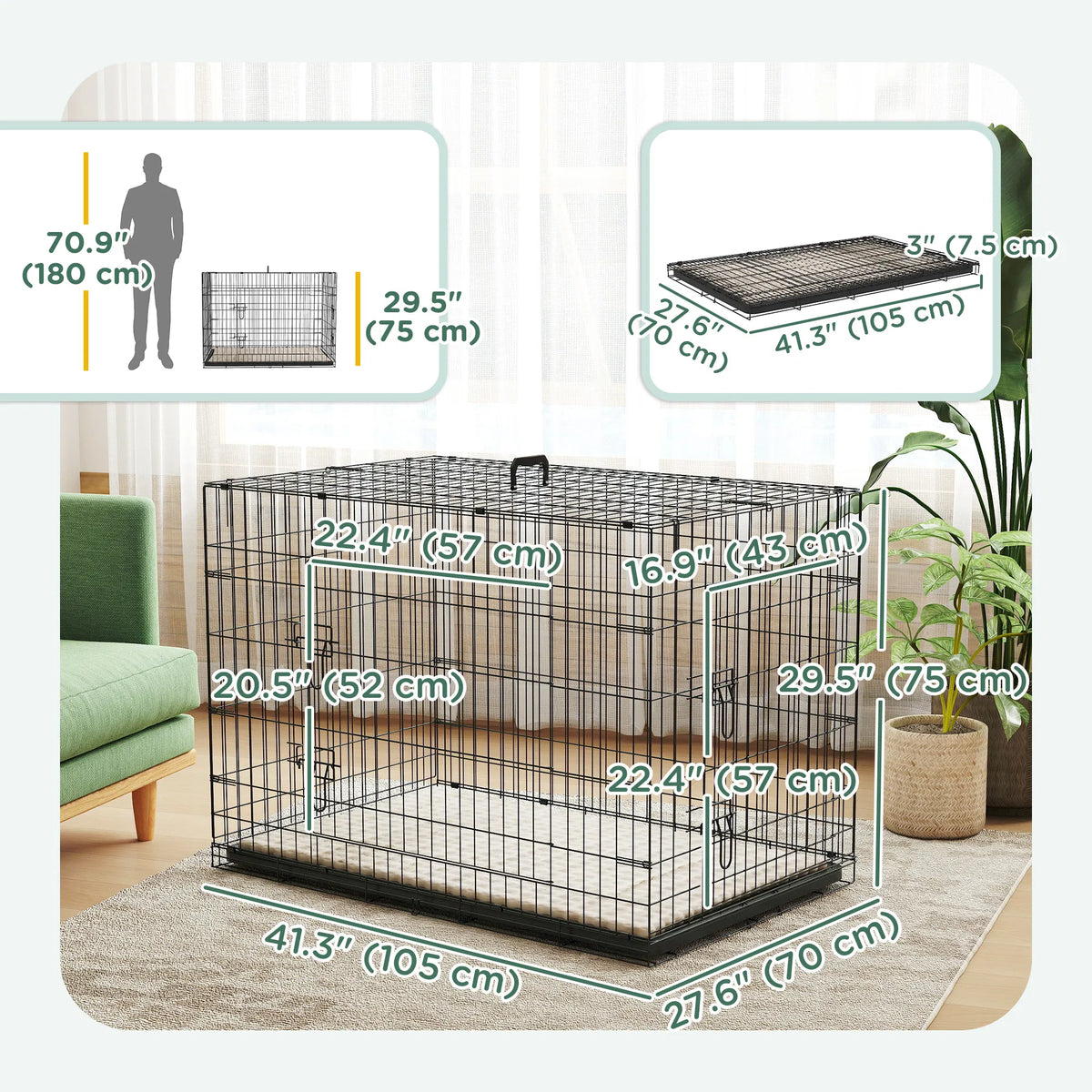 41" Dog Crate with 2 Doors, Folding Metal Dog Cage with Soft Cushion, Removable Tray, Handle, for Small Dogs, Black