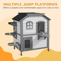 Wooden 2-Story Outdoor Cat House, Feral Cat Shelter Kitten Condo with Openable Asphalt Roof and 4 Platforms, White