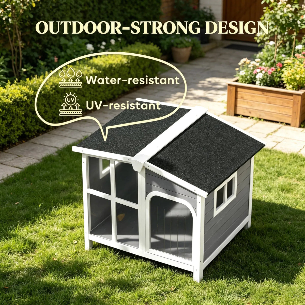 Large Dog House Cabin-Style Wooden Pet Shelter with Openable Roof And Giant Window Gray