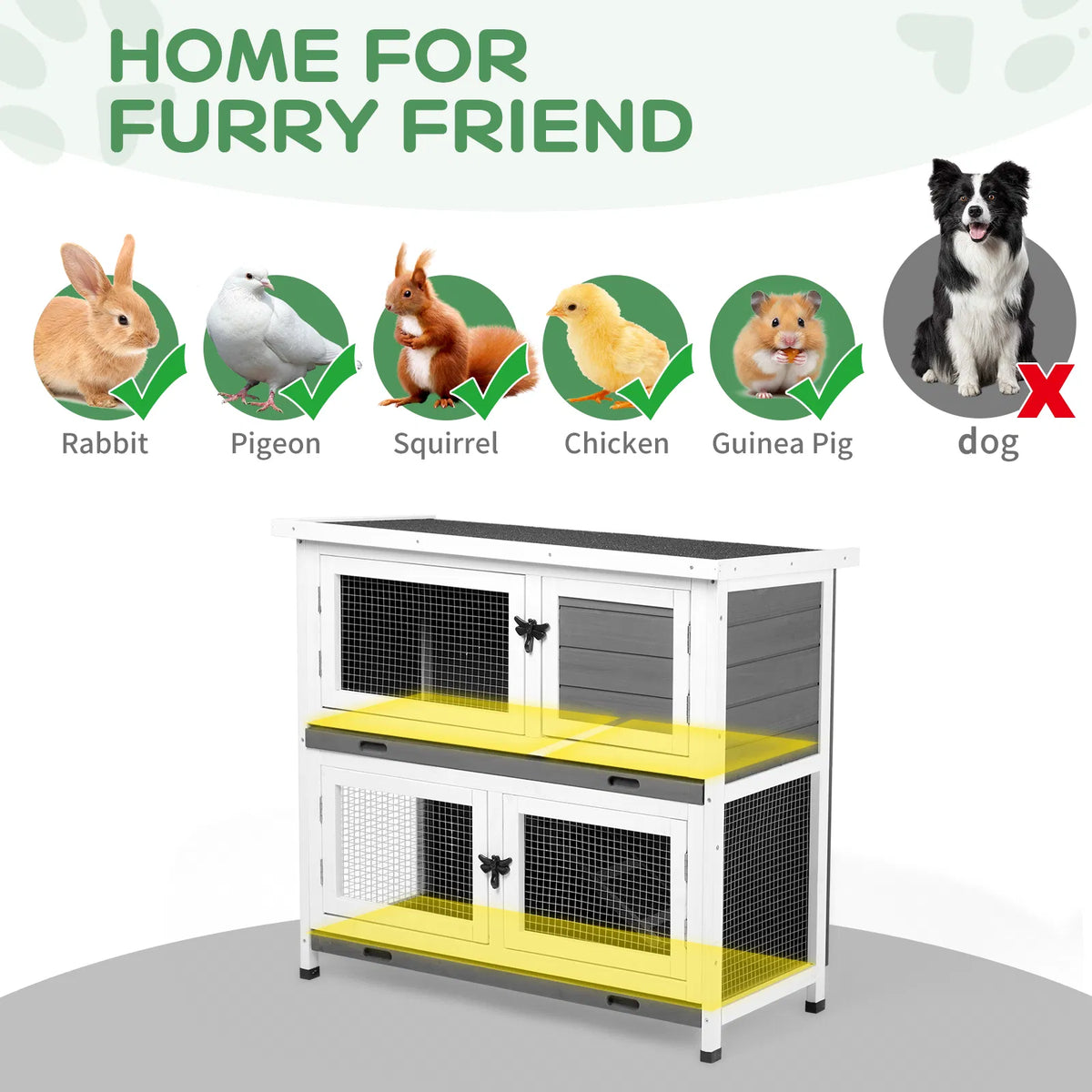 2 Story Solid Wood Rabbit Hutch Bunny Cage with 2 Large Main Rooms, Indoor Outdoor Rabbit House Guinea Pig Cage Pet Hous