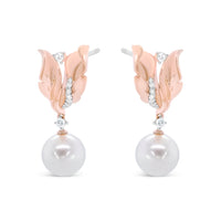 14K Rose Gold 1/6 Cttw Round Diamond and 8mm Round Pearl Floral Drop Stud Earrings (H-I Color, I1-I2 Clarity)