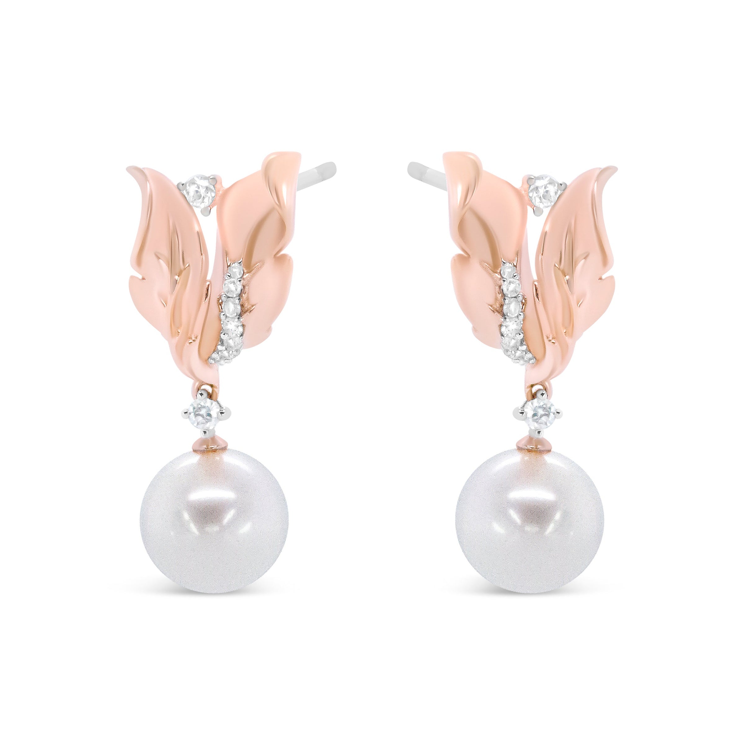 14K Rose Gold 1/6 Cttw Round Diamond and 8mm Round Pearl Floral Drop Stud Earrings (H-I Color, I1-I2 Clarity)