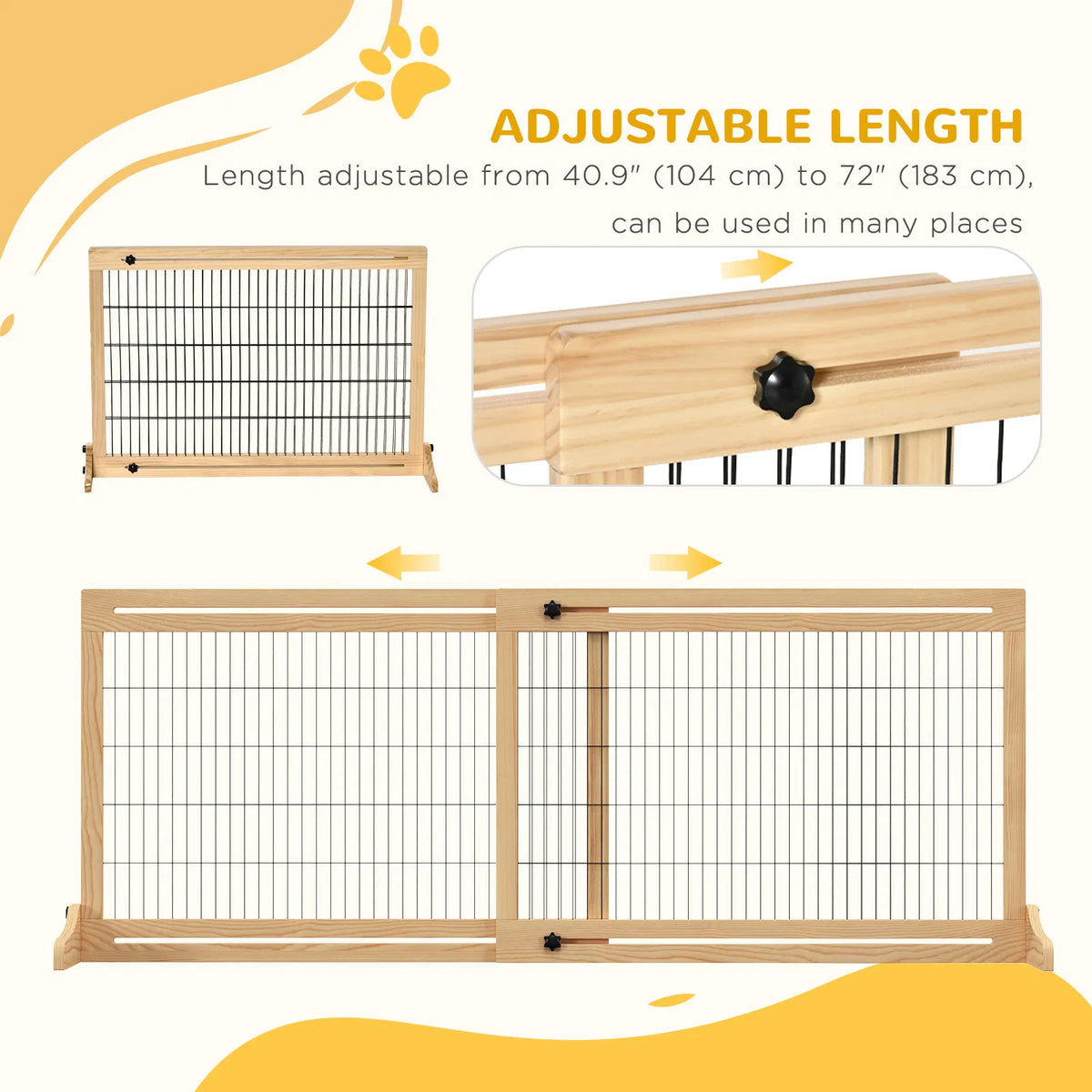 41"-72" Wooden Freestanding Pet Gate with Support Feet, for Small Medium Dogs, Natural