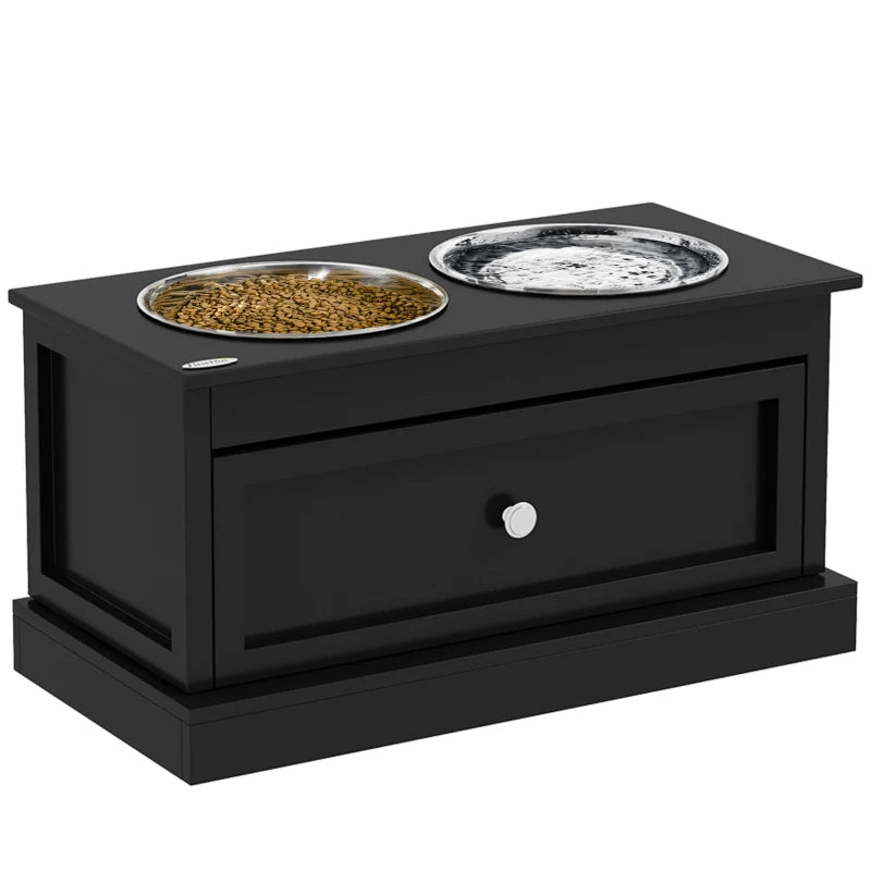 Dog Bowls With Storage Drawer, Raised Dog Bowl Stand Pet Food Bowl Dog Feeding Station, Black