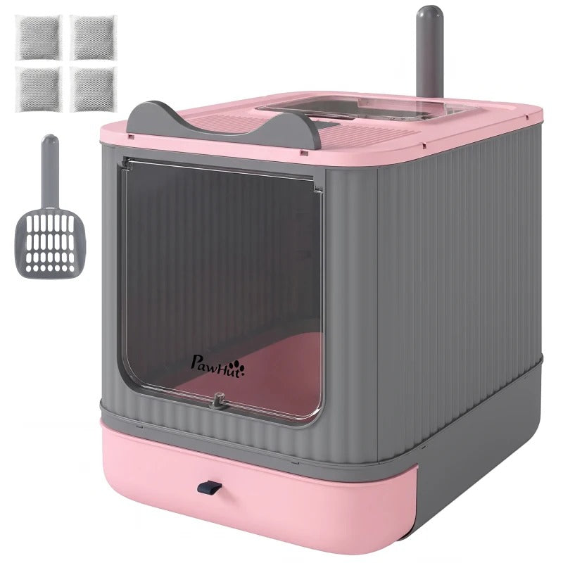 Cat Litter Box With Lid, Enclosed Litter Box For Medium Cats, Front-Entry And Top-Exit, Scoop, Deodorizer Bag, Pink