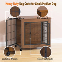 27.2" Dog Crate Furniture with Wheels for Small Dogs, Heavy Duty Dog Kennel Indoor with 2 Doors, Wooden Pet Cage End Tab