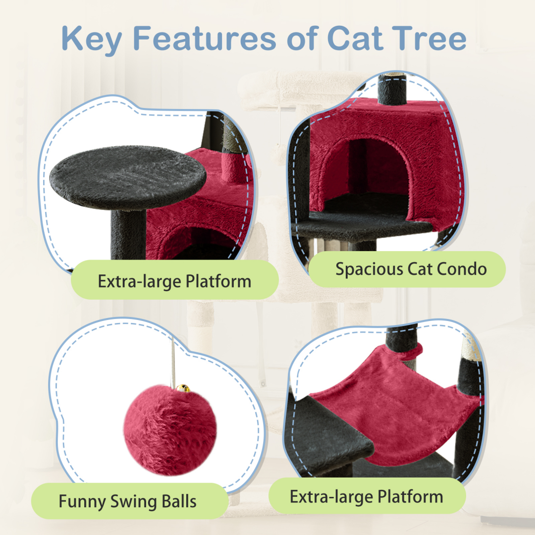 44 Inch Cat Tree Tower, Multi-Cat Climbing Tower With, Natural Sisal Scratching Posts, Extended Platform, Hammock