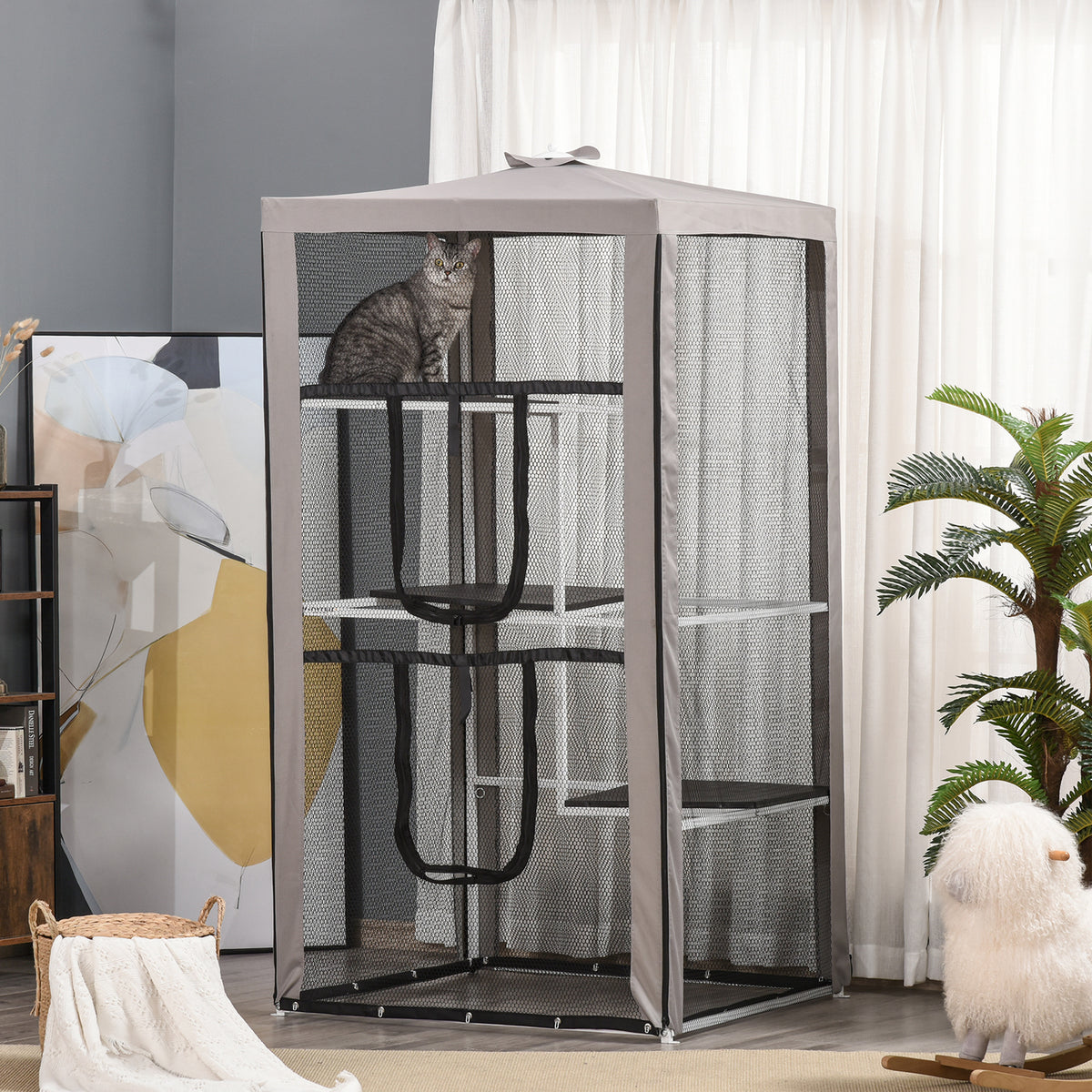 79"H Cat House Kitten Enclosure Mesh Playpen Steel Frame with 3 Platforms, 2 Doors and 4 Sandbags for Stability, Indoor/