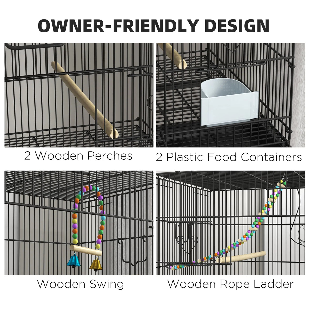 65" Birdcage for Canaries, Lovebirds Finches, Budgie Cage with Wheels, Black