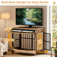 42in Large Dog Crate Furniture, Double Door Wooden Indoor Dog Kennel Furniture, Decorative Pet Cage End Table With Wheel