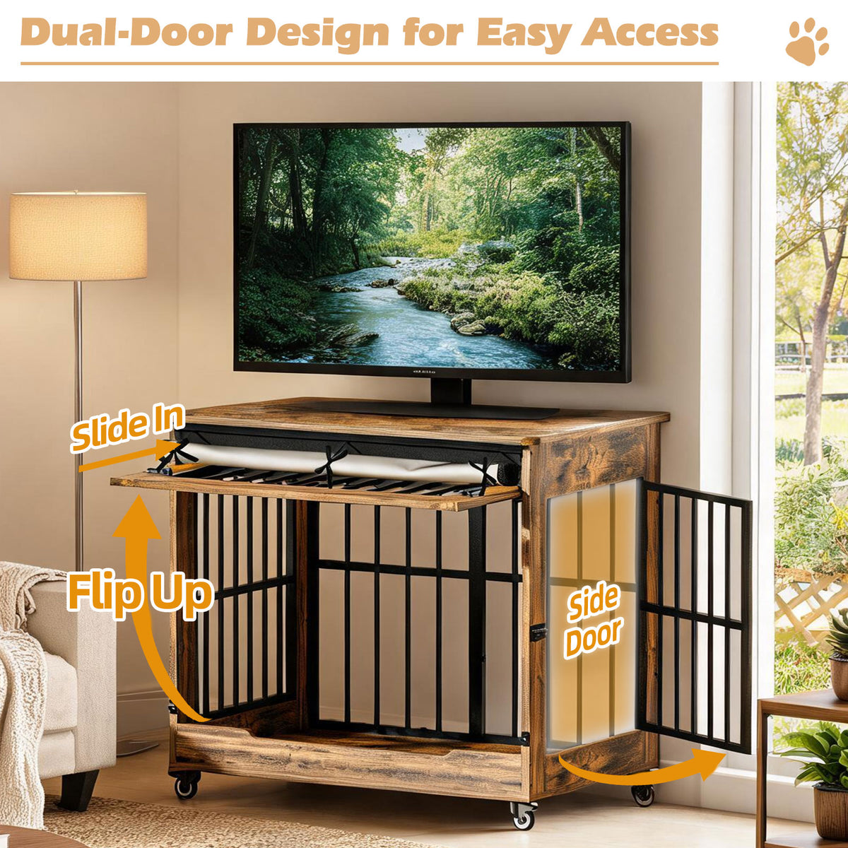 42in Large Dog Crate Furniture, Double Door Wooden Indoor Dog Kennel Furniture, Decorative Pet Cage End Table With Wheel