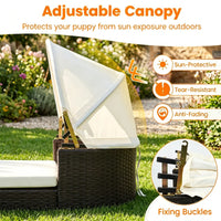 Hand-Woven PE Rattan Dog Bed with Adjustable Canopy, Elevated Outdoor Pet Daybed with Washable Plush Cushion, Anti-Slip 