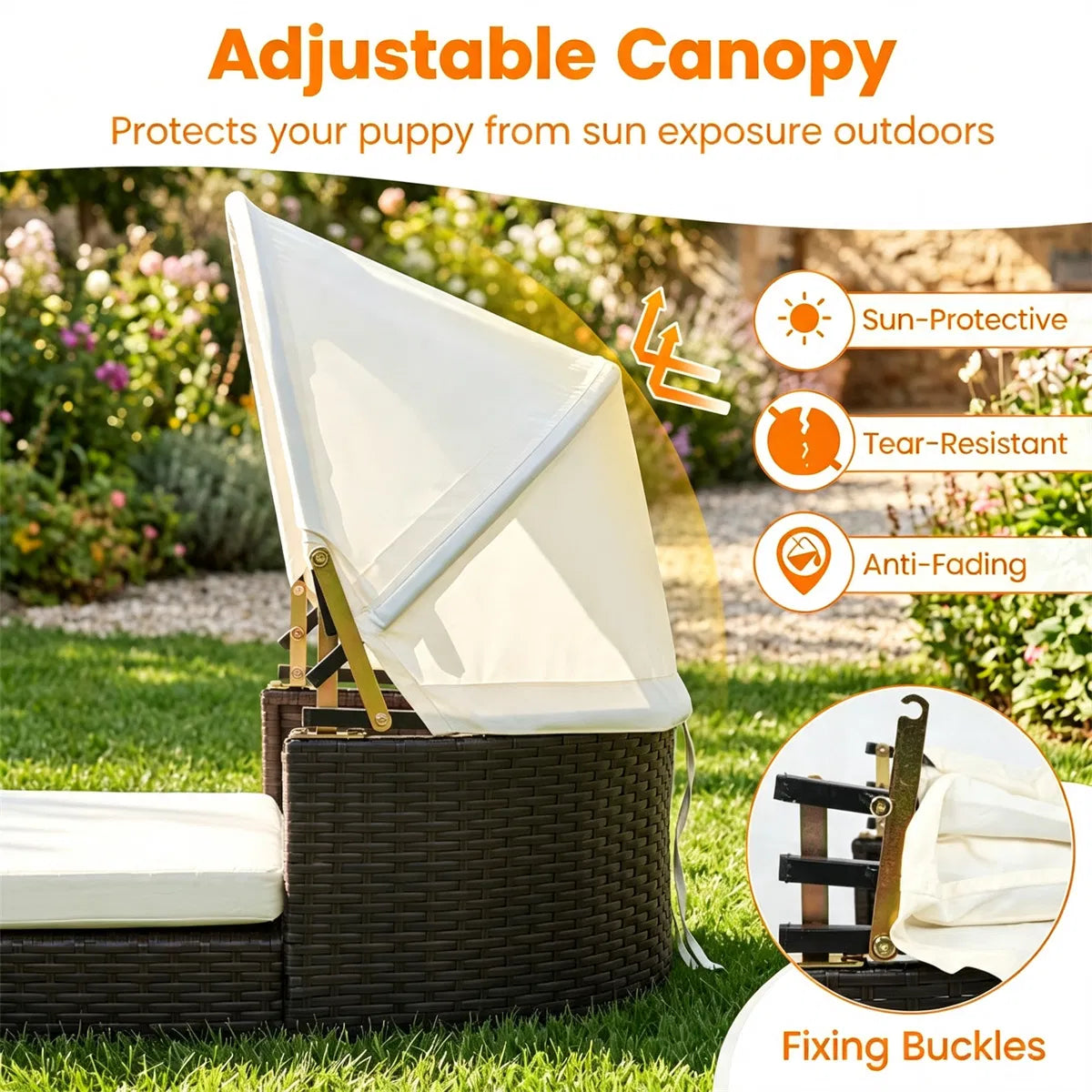 Hand-Woven PE Rattan Dog Bed with Adjustable Canopy, Elevated Outdoor Pet Daybed with Washable Plush Cushion, Anti-Slip 