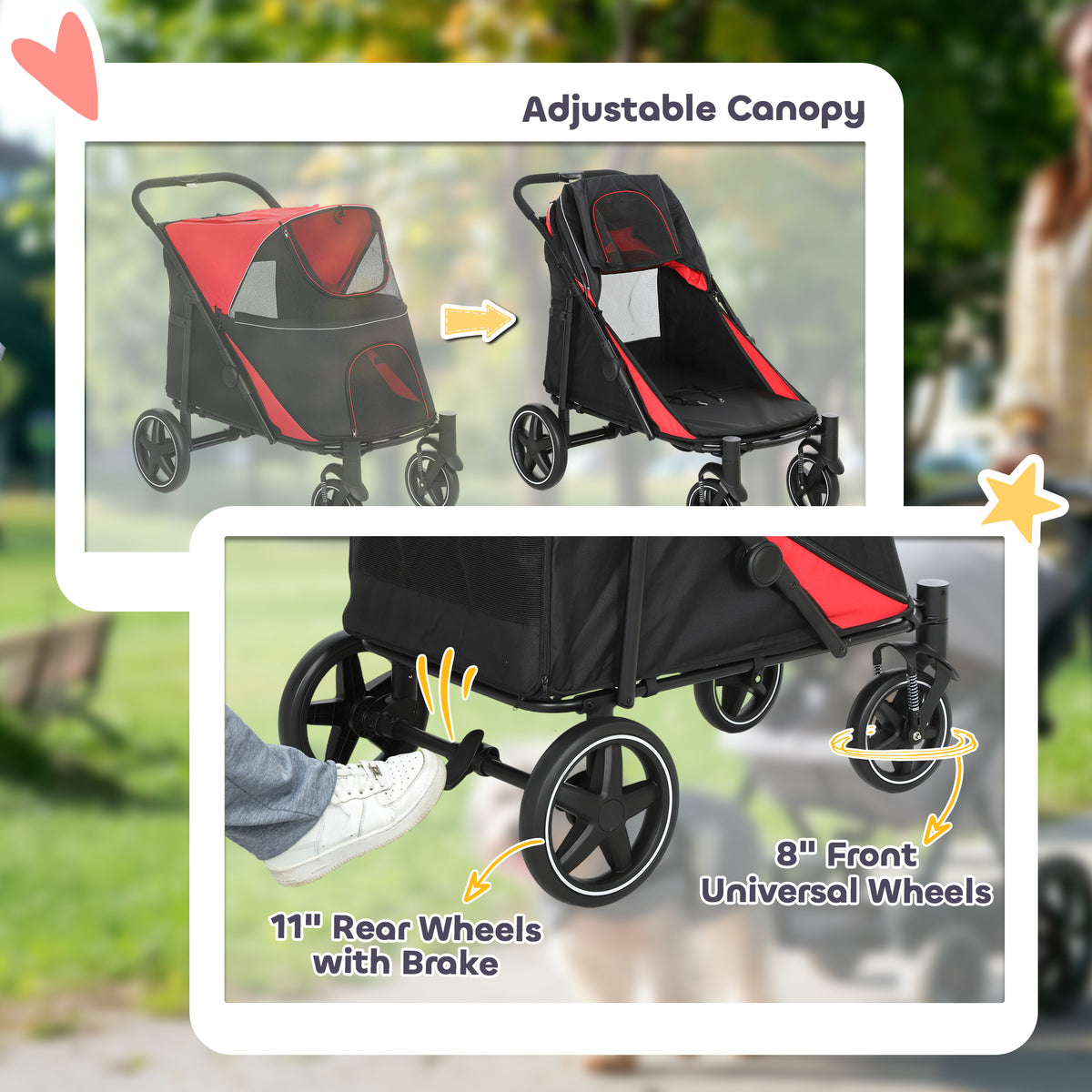 Dog Stroller for Large Medium Small Dogs up to 66 Lbs. 23.5" in Body Length, One-Click Foldable Pet Cat Stroller with St