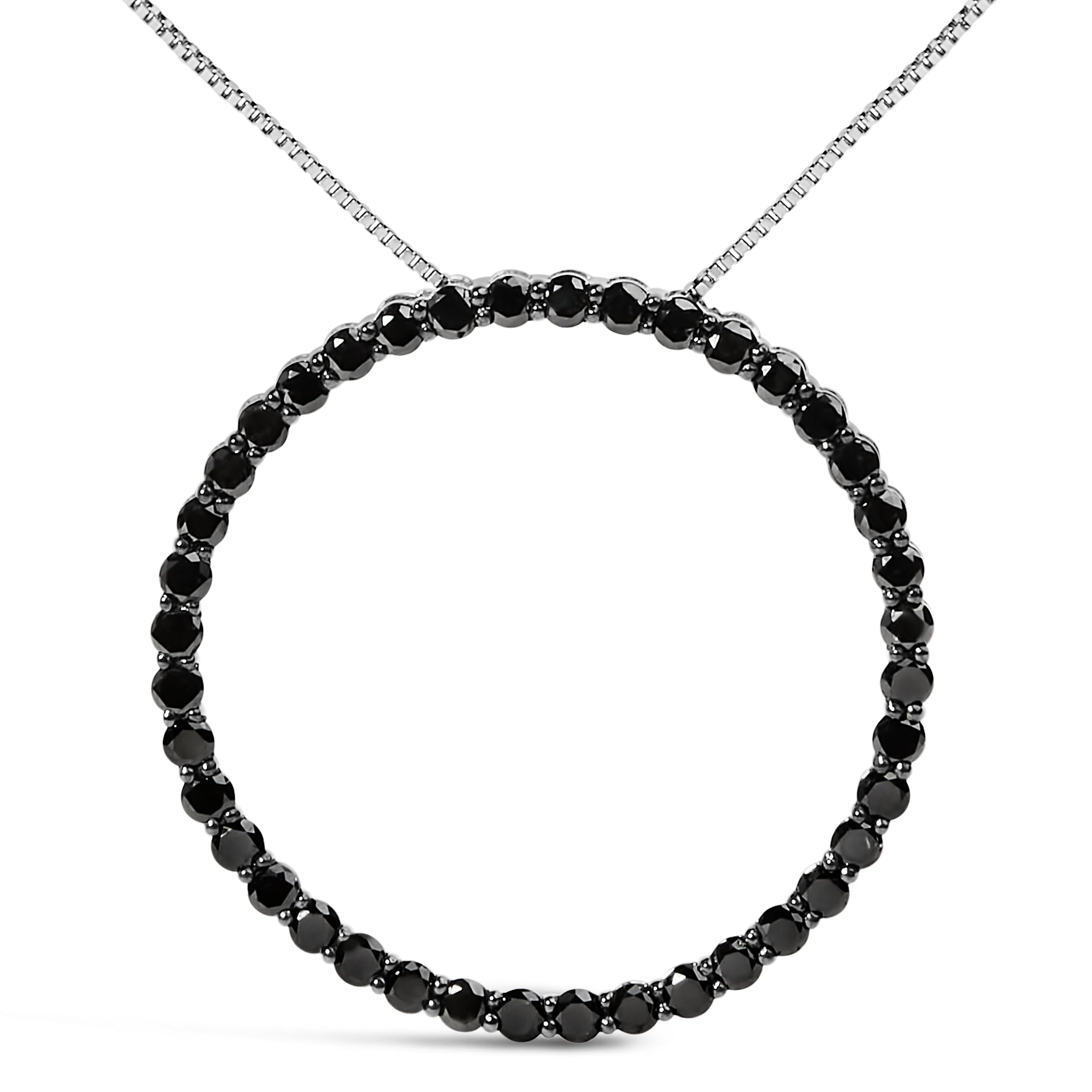 .925 Sterling Silver 4.0 Cttw Black Diamond Open Hoop Circle 18" Pendant Necklace (Black Color, I2-I3 Clarity)