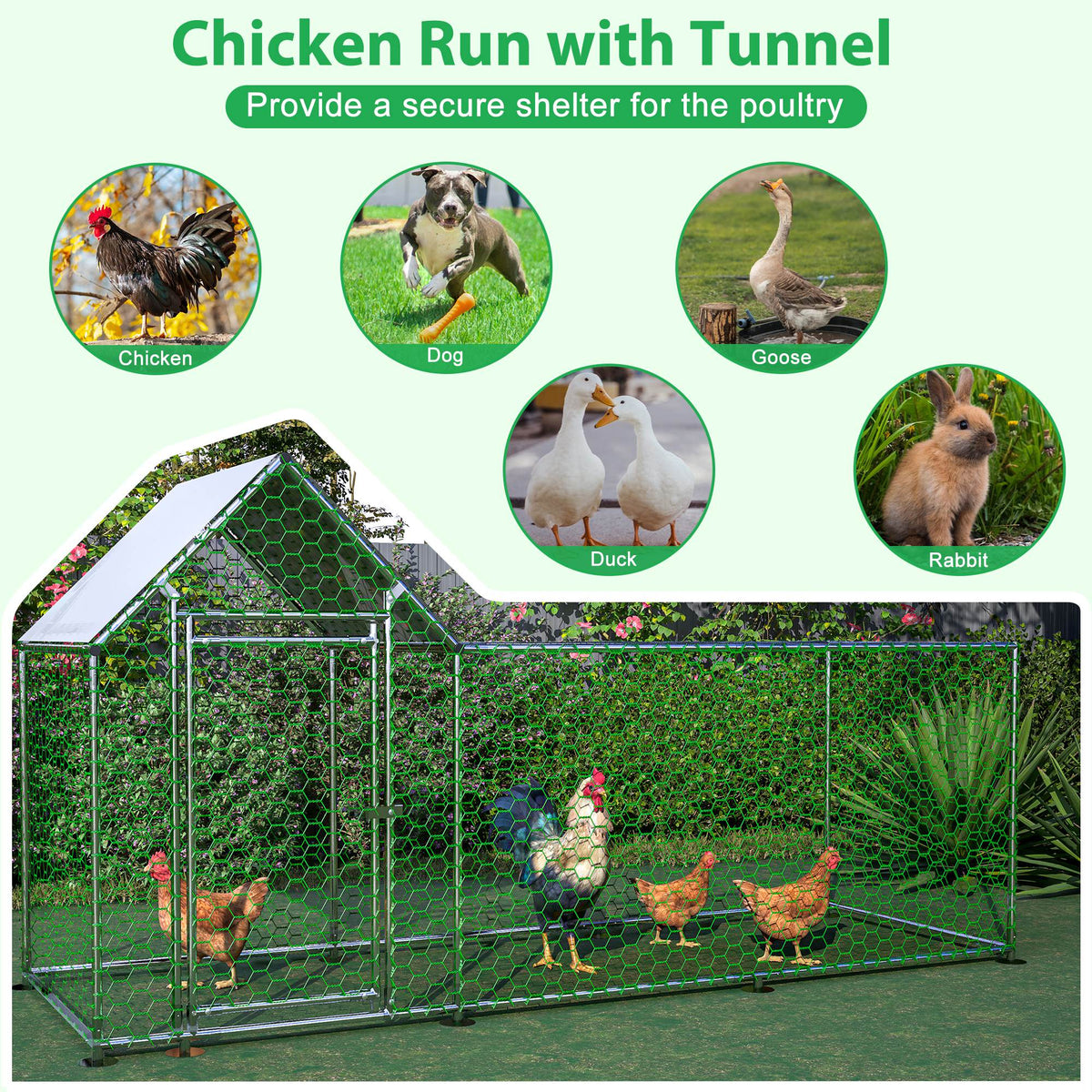 Metal Chicken Coop,Walk-in Chicken Run,Poultry Chicken Hen Pen Cage,Rabbits Duck Cages,With Cover