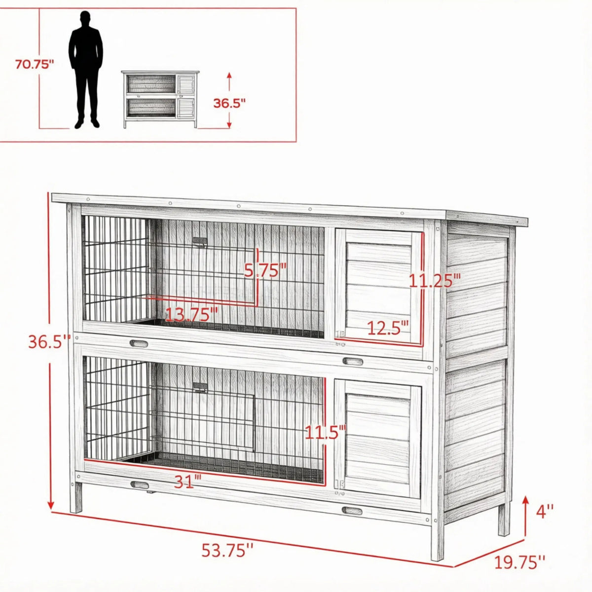 54" 2-Story Large Rabbit Hutch, Bunny Cage, Wooden Pet House, Small Animal Habitat, Gray with Lockable Doors, Tray, Roof