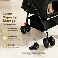 Foldable Pet Stroller for Small Dogs and Cats Under 28 lbs with Multi-Functional Tray, 2 Safety Leashes, Storage Basket 