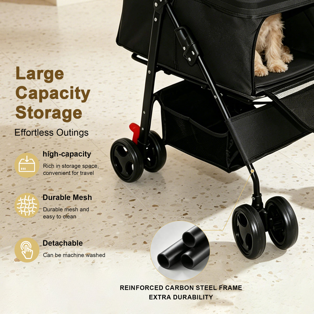 Foldable Pet Stroller for Small Dogs and Cats Under 28 lbs with Multi-Functional Tray, 2 Safety Leashes, Storage Basket 