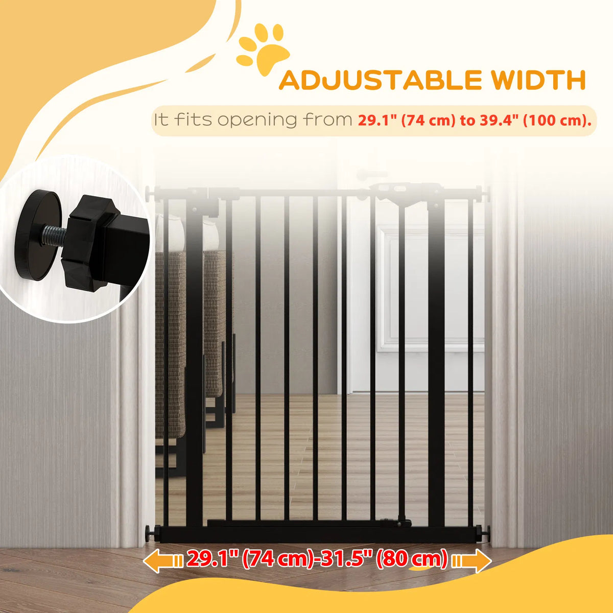 30 Inch Tall Pet Gate with Door Dog Gate and Barrier Indoor for Stairs, Pressure-Mounted Safety Gate, Black
