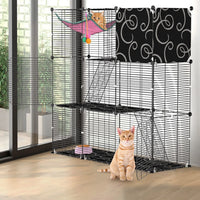 3-Level Metal Cat Cage Enclosure, Modular Pet Habitat with 3 Doors, 2 Ladders, Plush Hammock and Toy Ball for Small Indo