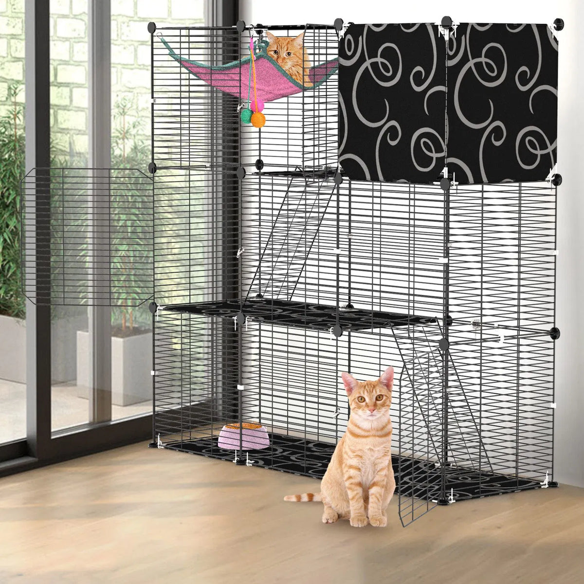3-Level Metal Cat Cage Enclosure, Modular Pet Habitat with 3 Doors, 2 Ladders, Plush Hammock and Toy Ball for Small Indo