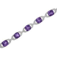 .925 Sterling Silver 7mm Cushion Cut Amethyst Gemstone and Diamond Tennis Link Bracelet (I-J Color, I1-I2 Clarity) - Size 7"
