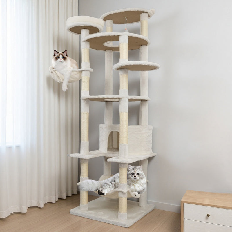 78 in beige cat tree tower with large condo sisal scratching post big hammock and top platform