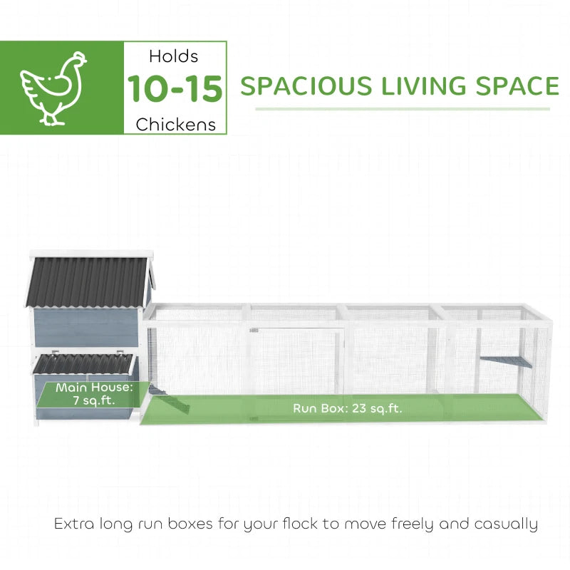156Extra Large Wooden Chicken Coop With 2 Nesting Box, Run Cage, Waterproof Wave Roof, For 10-15 Chickens, Light GrayMul