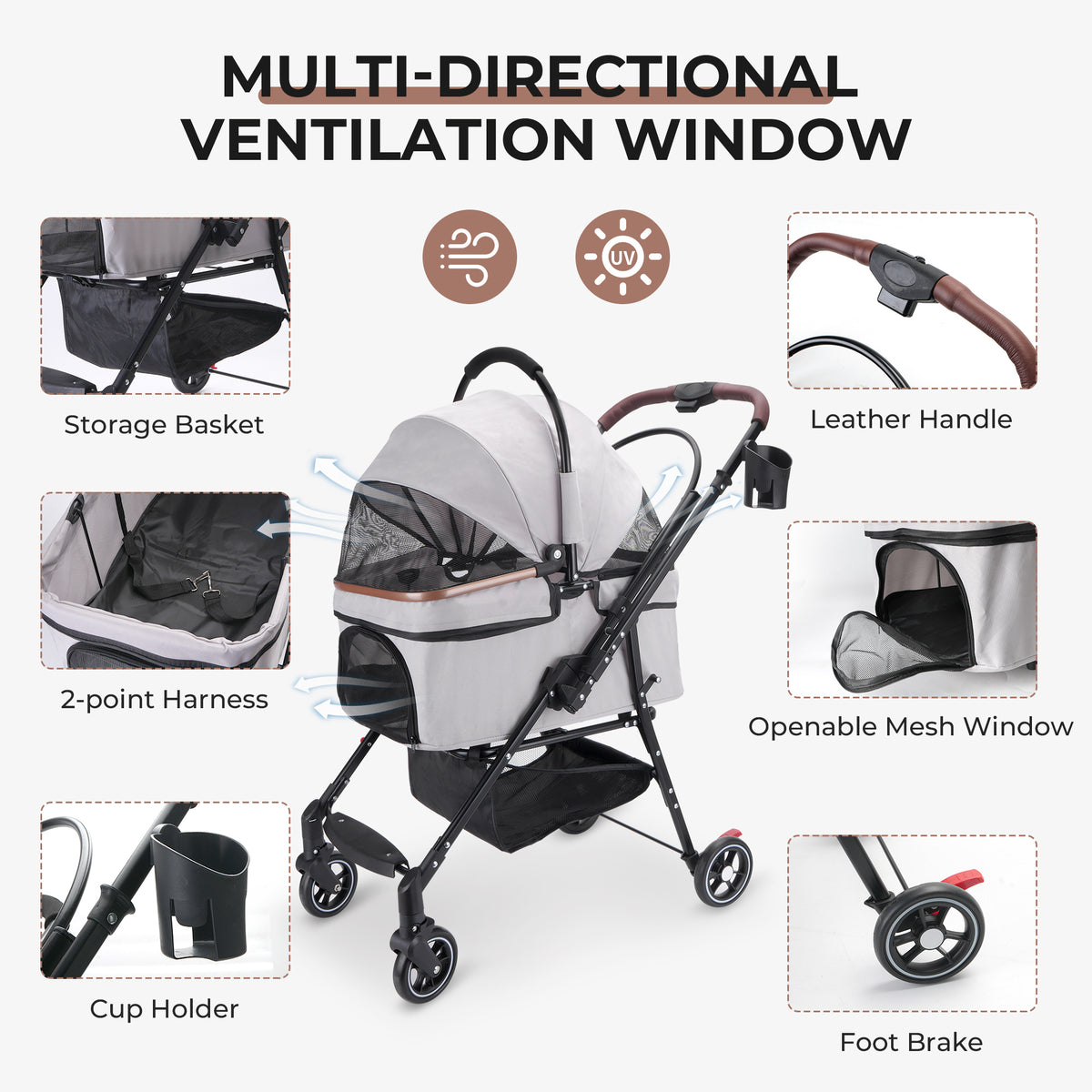 4-Wheel Foldable Pet Stroller for Dogs & Cats 360° Rotating Wheels, Separable Carrier & Travel Bag for Small Animals