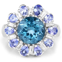 6.19 Carat Genuine London Blue Topaz, Tanzanite & White Topaz .925 Sterling Silver Ring