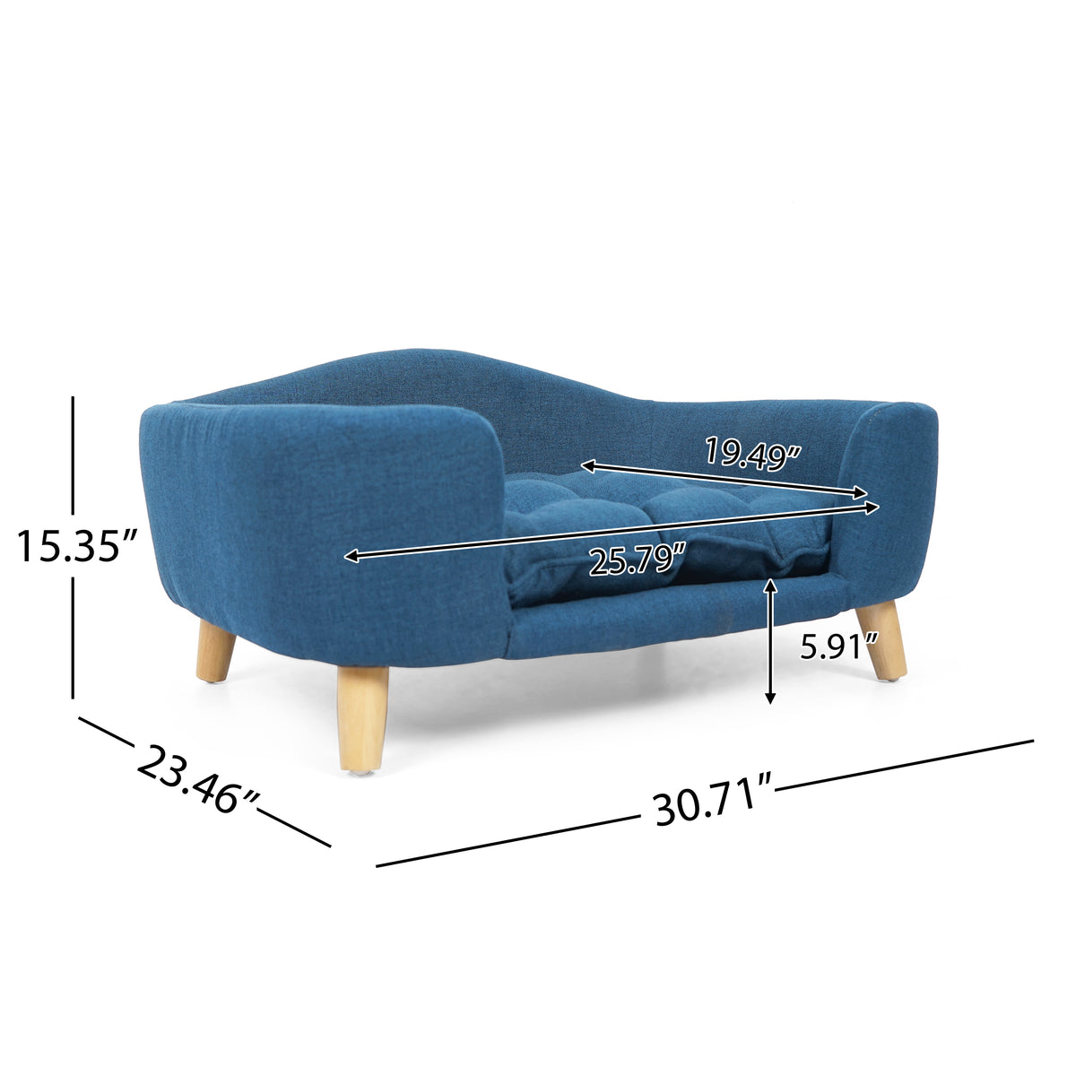 Elevated Dog Bed Frame for Small Dog, Fabric Pet Couch Bed with Rubber Wood Legs and Supportive Foam, Navy Blue, Easy As