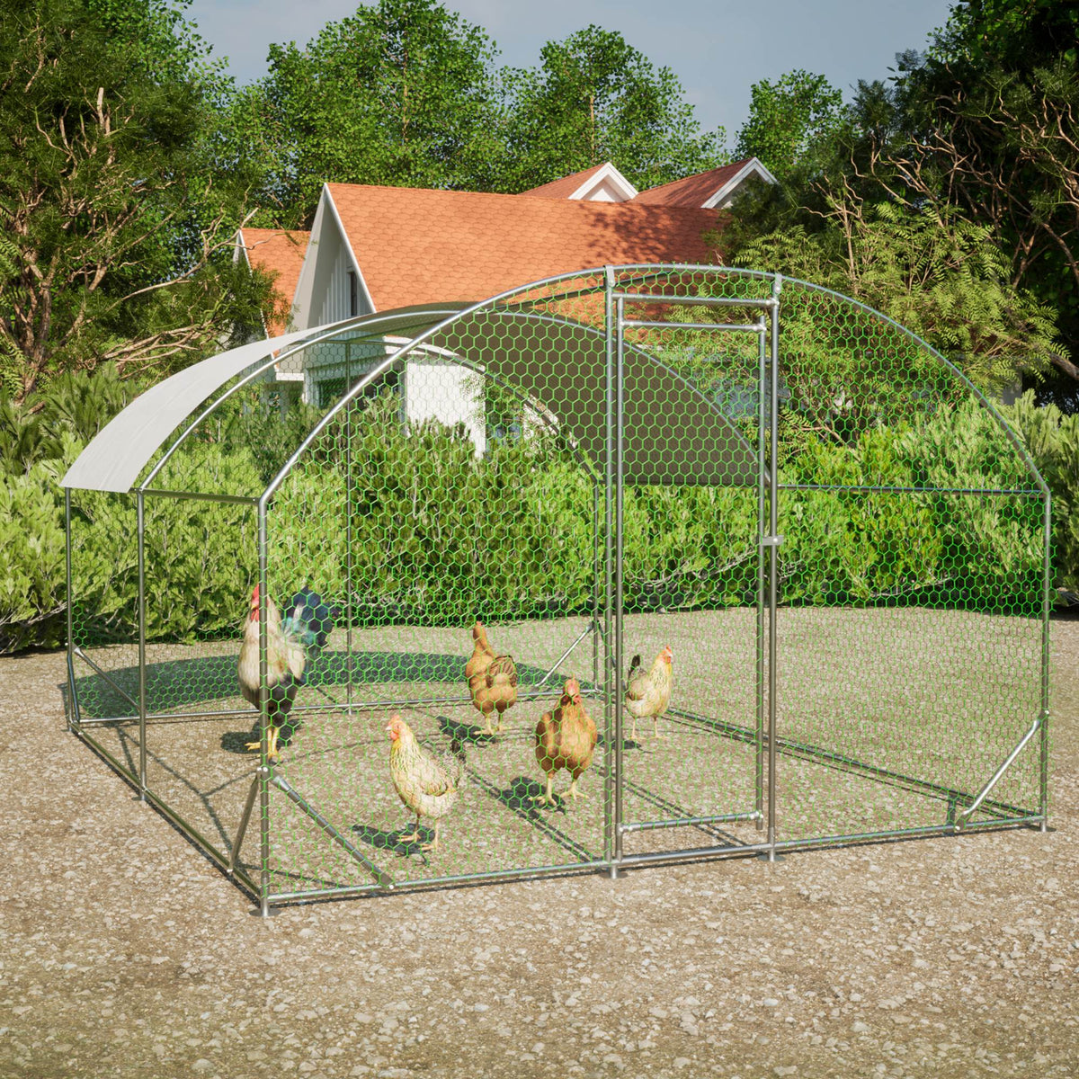 Large Chicken Coop Metal Chicken Run With Waterproof And Anti-UV Cover, Dome Shaped Walk-in Fence Cage Hen House For Out