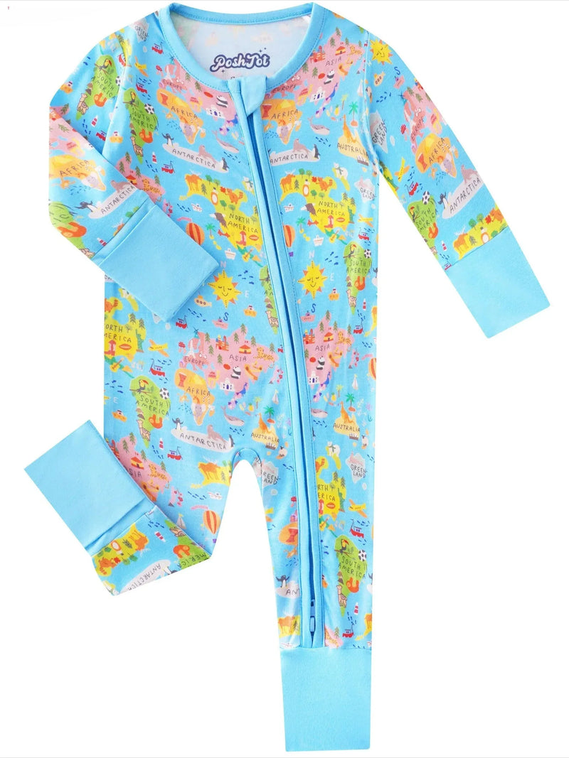 PoshTOT World Map Bamboo Baby Convertible Zippy Romper - BIG FRENCHIES