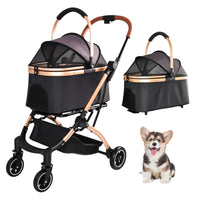 Pet Stroller for Dogs and Cats, 2-in-1 Detachable Foldable 4 Wheels Pet Stroller, Quick One-Hand Fold, Storage Basket, D