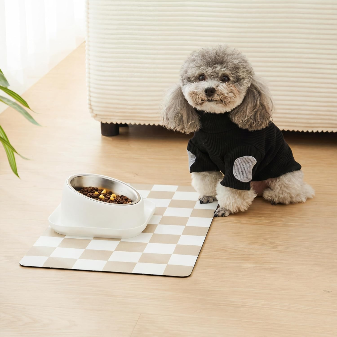 Dog Feeding Mat, Absorbent Mats For Dog Food And Water Bowl, Dispenser, Retro Aesthetic Khaki Beige Checkerboard Pet Pla