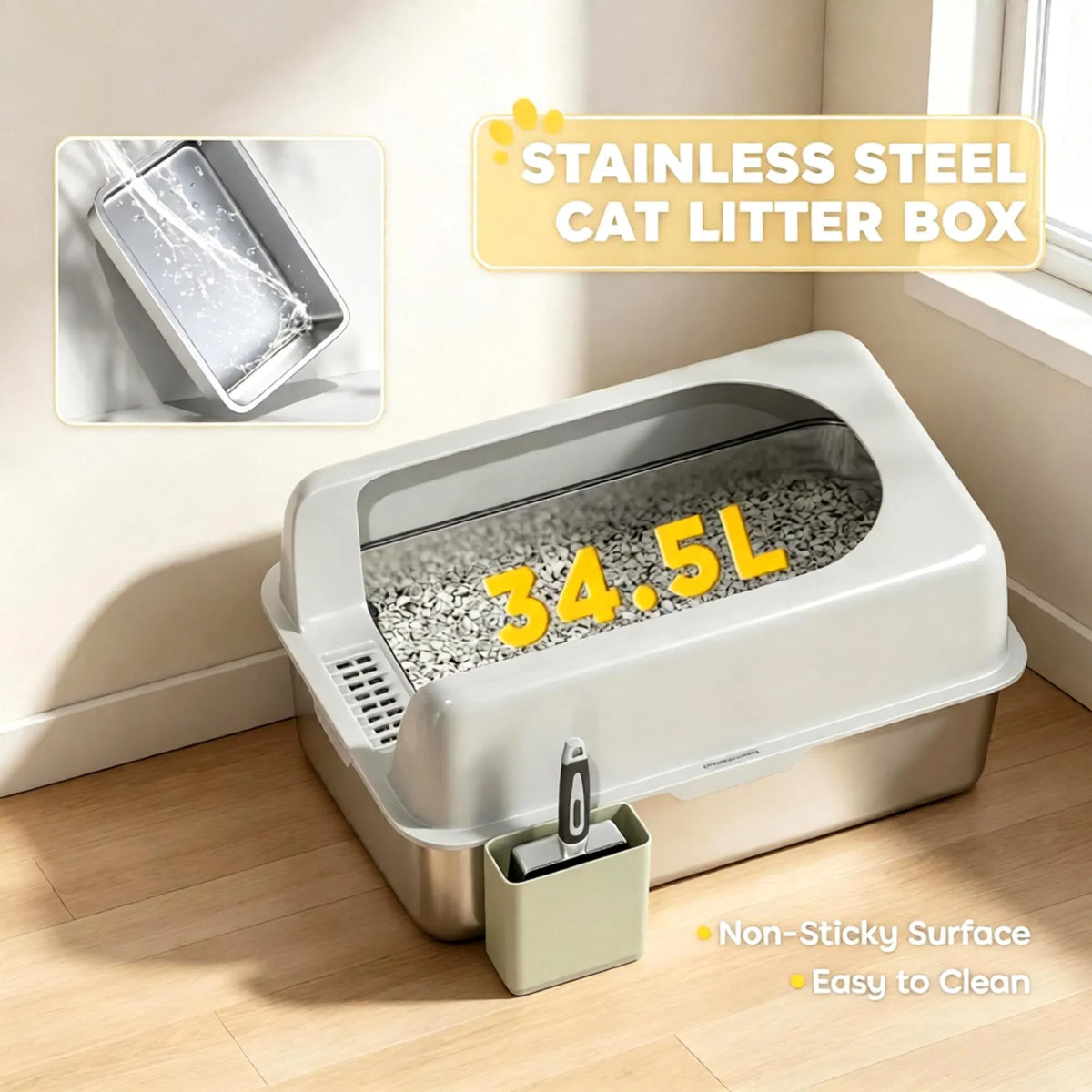Light Gray 2 Pack High Sided Stainless Steel Litter Box Anti-Urine Leakage for Multi-Cat Households