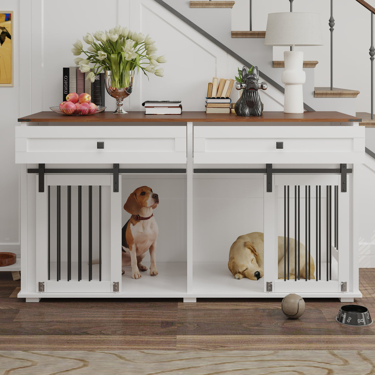 63'' Large Dog Crate Furniture For Double Dog, Wooden Dog Kennel With 2 Drawers,Divider And Sliding Door, Water Resistan