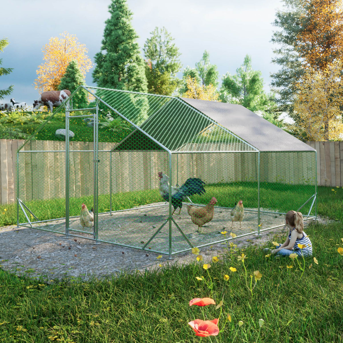 Large Metal Chicken Coop, Walk-in Chicken Run, Galvanized Wire Poultry Chicken Hen Pen Cage, Rabbits Duck Cages With Wat