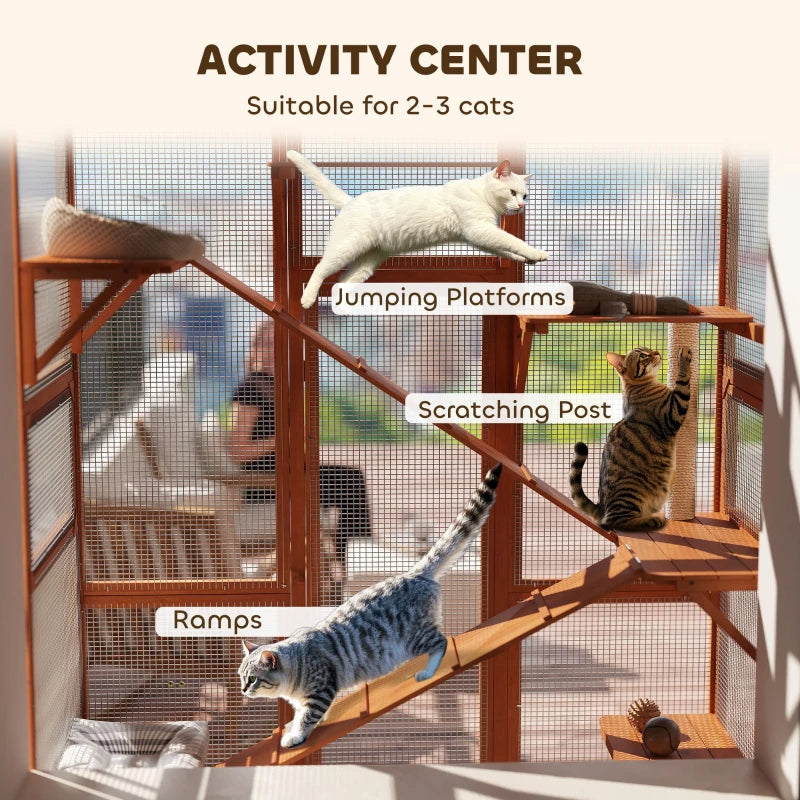 Outdoor Catio Cat Enclosure, Large Wooden Cat House With 6 Jumping Platforms, Scratching Post.For Multiple Packages Ship
