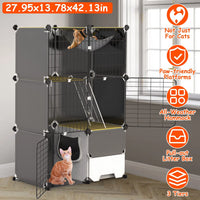Multi-Level Cat Playpen Cage, 3-Tier Indoor Cat House with Built-in Litter Tray, Litter Scoop, Reversible Hammock for Ki