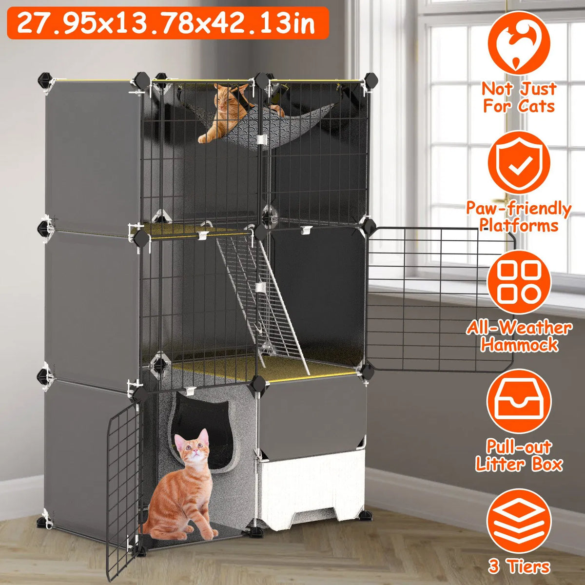 Multi-Level Cat Playpen Cage, 3-Tier Indoor Cat House with Built-in Litter Tray, Litter Scoop, Reversible Hammock for Ki