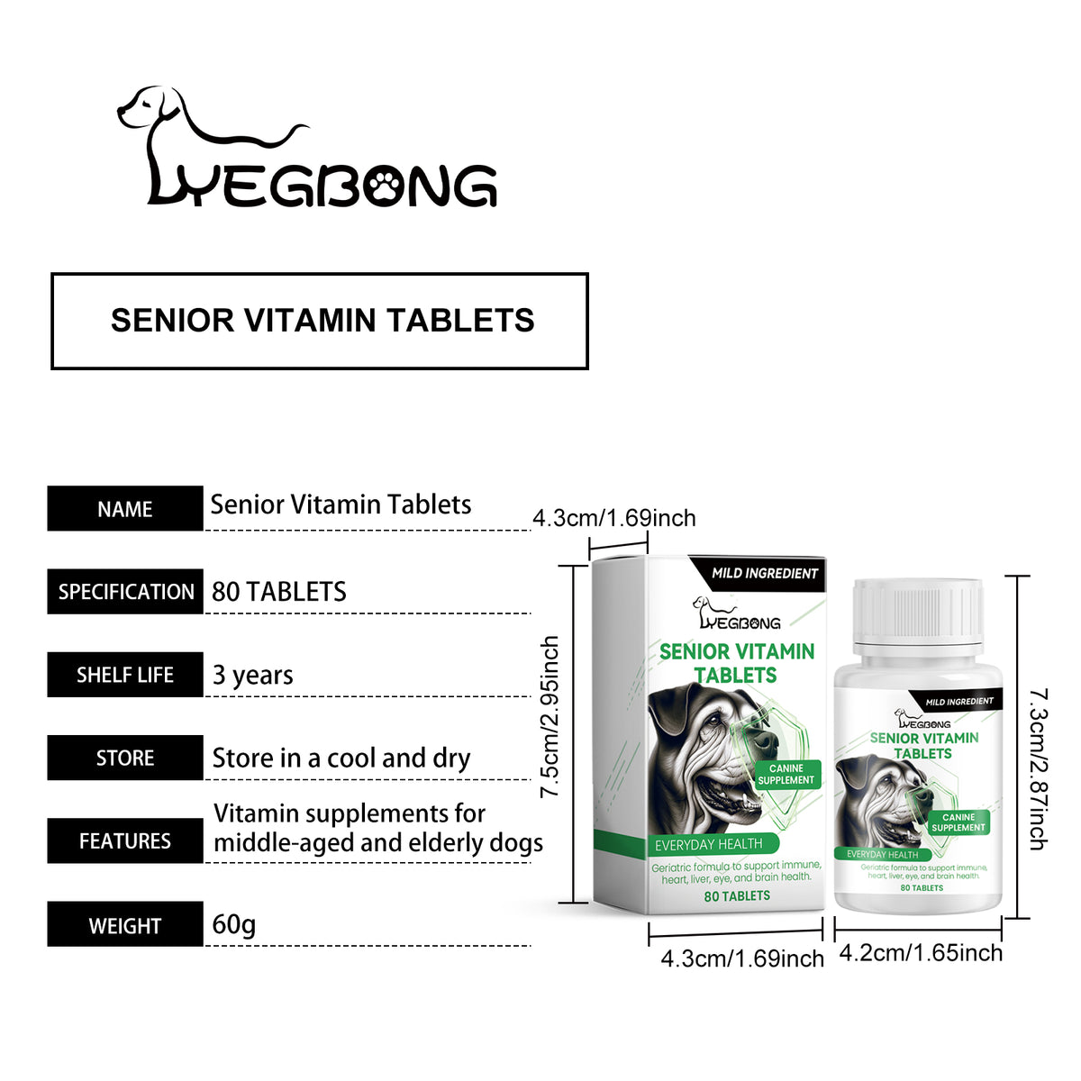 Senior Dog Vitamin Tablets, Multivitamin Supplement For Older Dogs, Support Immunity, Eyes, Skin & Bone Health, 80 Chewa