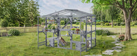 Large Outdoor Catio for 6-10 Cats, Pine Wood Cat Cage Outdoor with Weatherproof Roof, 6 Platforms, Climbing Ramp, 1 Rest
