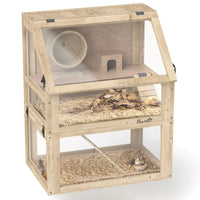 3 Tier Wooden Hamster Cage W Detachable Bottom, Hut, Seesaw, Exercise Wheel, Ramps