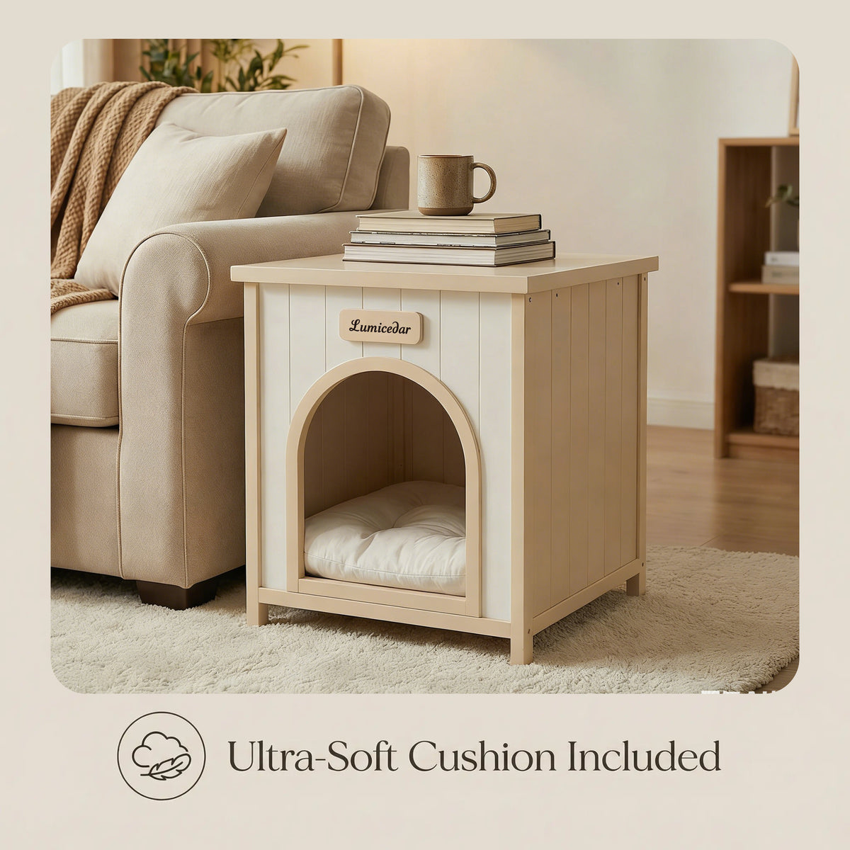 Modern Indoor Wooden Dog House with Removable Cushion – Solid Cedar Pet House for Small Dogs & Cats, Furniture-Grade Sca