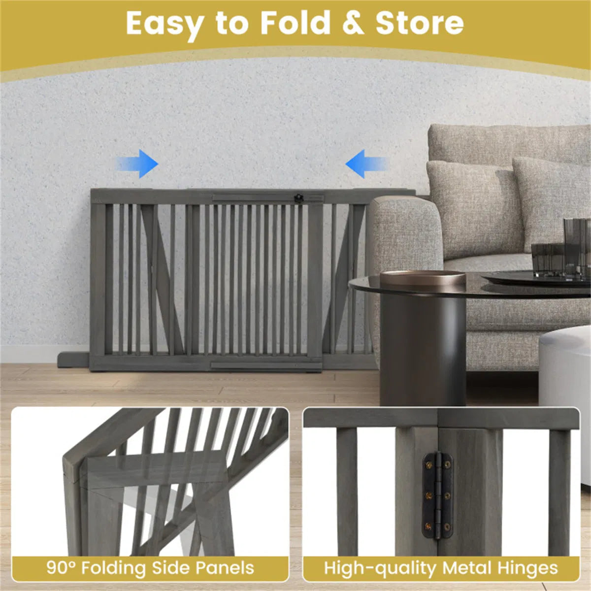 Adjustable Expandable Wooden Pet Gate 22 Inch Tall Freestanding Safety Fence, Gray Pine Wood Slide Dog Gate Easy Assembl