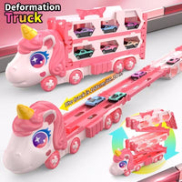 Cute Transforming Truck Toy Expandable Racetrack & Vehicle Storage Set Portable Carrier With Mini Cars Toy For Girls Age