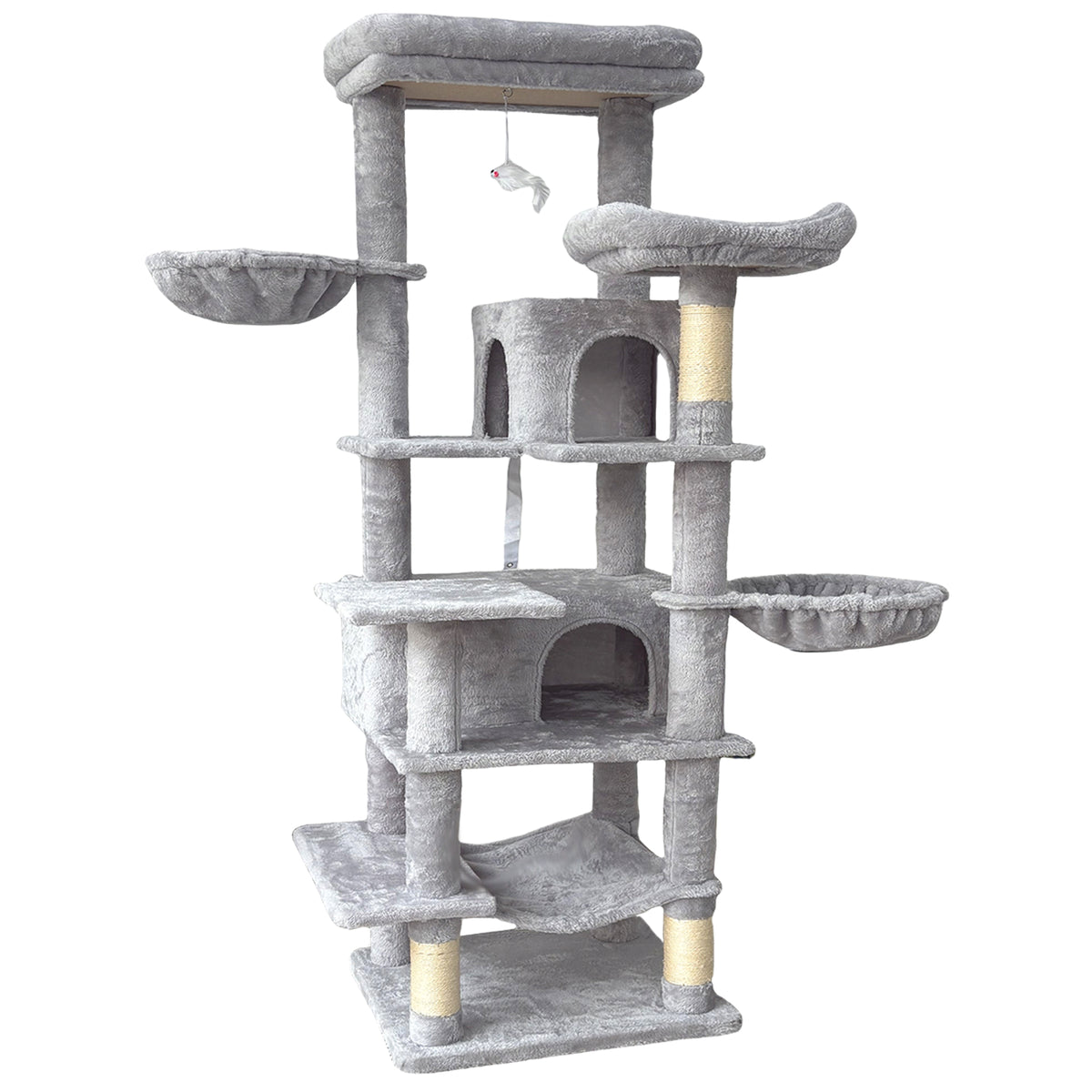 68in Tall Multi-Level Green Cat Tree with Hammocks, Hanging Basket, Cat Cave, Removeable Cushion, Scratching Posts - Plu