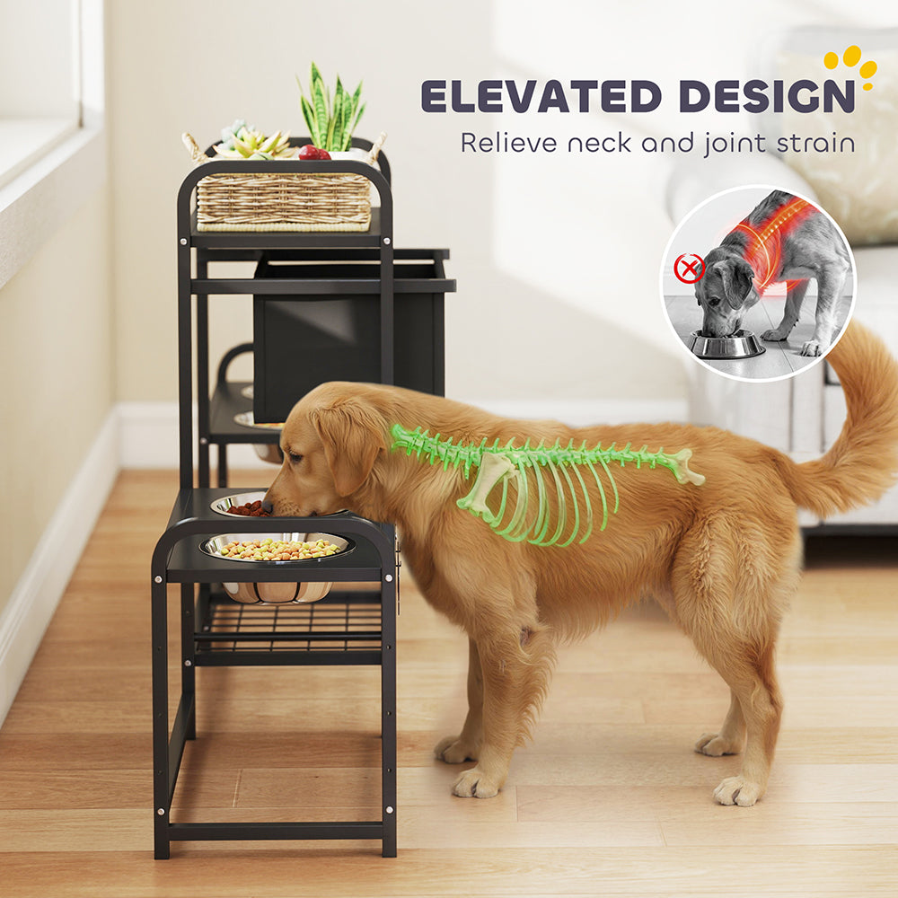 3 Height Adjustable Dog Bowl Stand Oxford Fabric With Features Four Bowls, Toy Bin Basket